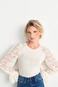 Rich & Royal Longsleeves<Longsleeve Mit Spitzenärmeln pearl white